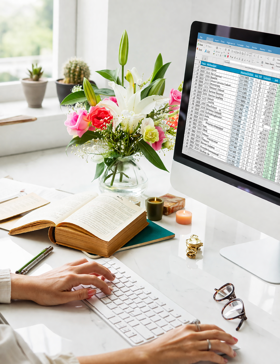 Cozy modern workspace with plants and blooms Cozy modern workspace with plants and blooms