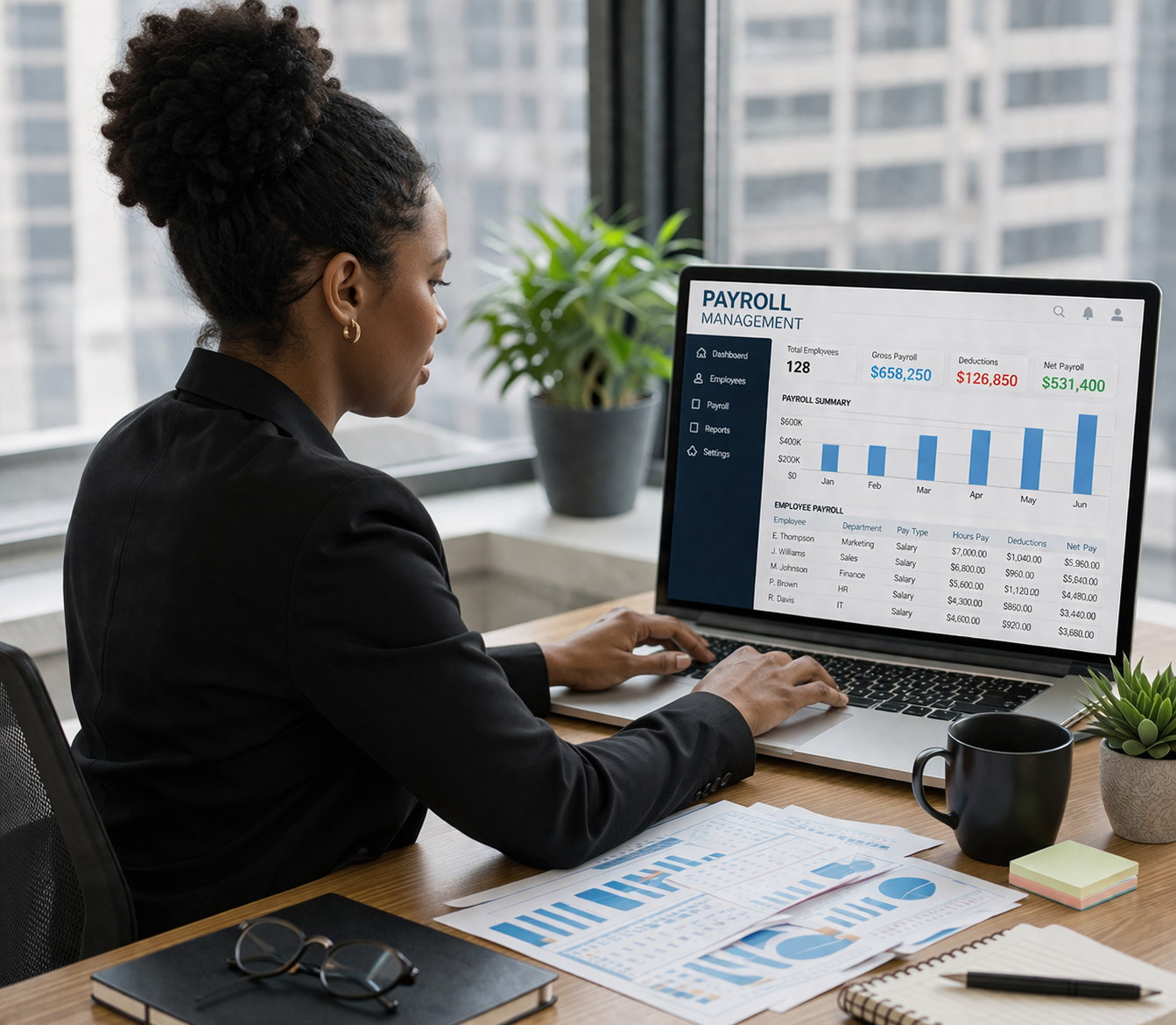 Focused on payroll in modern office Focused on payroll in modern office